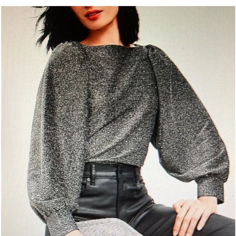 LOFT Shimmering metallic silver boat neck puff shoulders New Year holiday top SP
